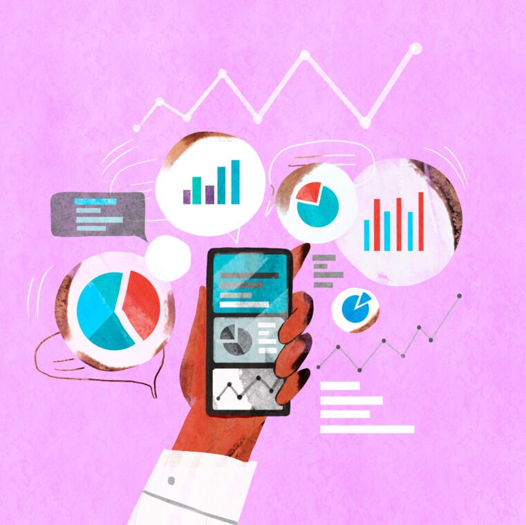 An illustration depicting the concept of financial investment shows a hand holding a phone with charts and indicators of currency and stock growth.