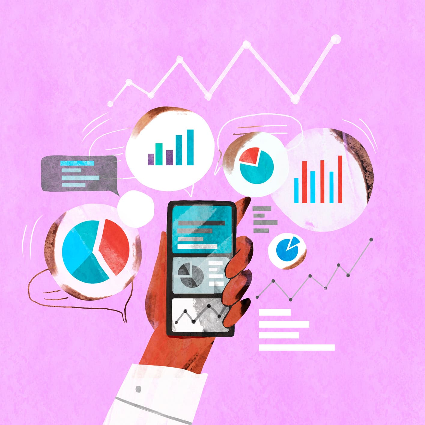 An illustration depicting the concept of financial investment shows a hand holding a phone with charts and indicators of currency and stock growth.