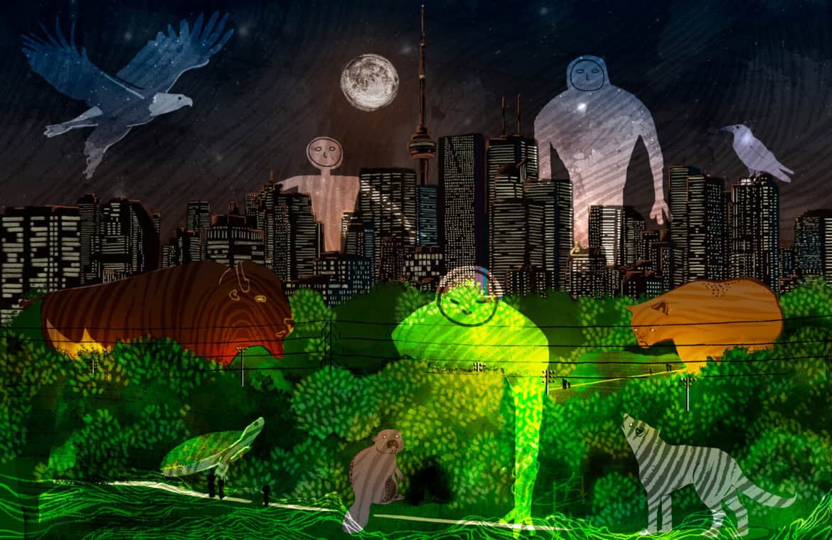 Illustration of an urban landscape with haunting human and animal figures.