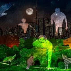 Illustration of an urban landscape with haunting human and animal figures.