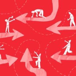 An illustration of small figures of people on converging arrows represents achieving a goal through collaboration.