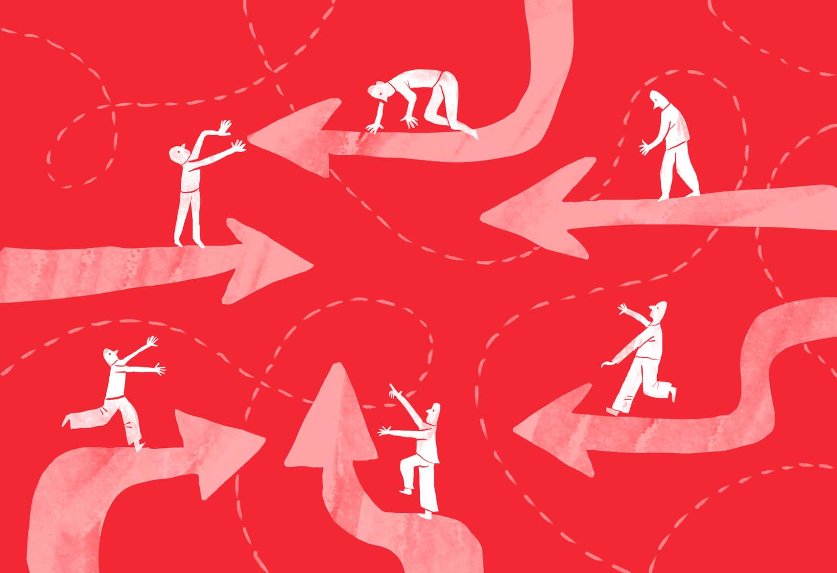 An illustration of small figures of people on converging arrows represents achieving a goal through collaboration.