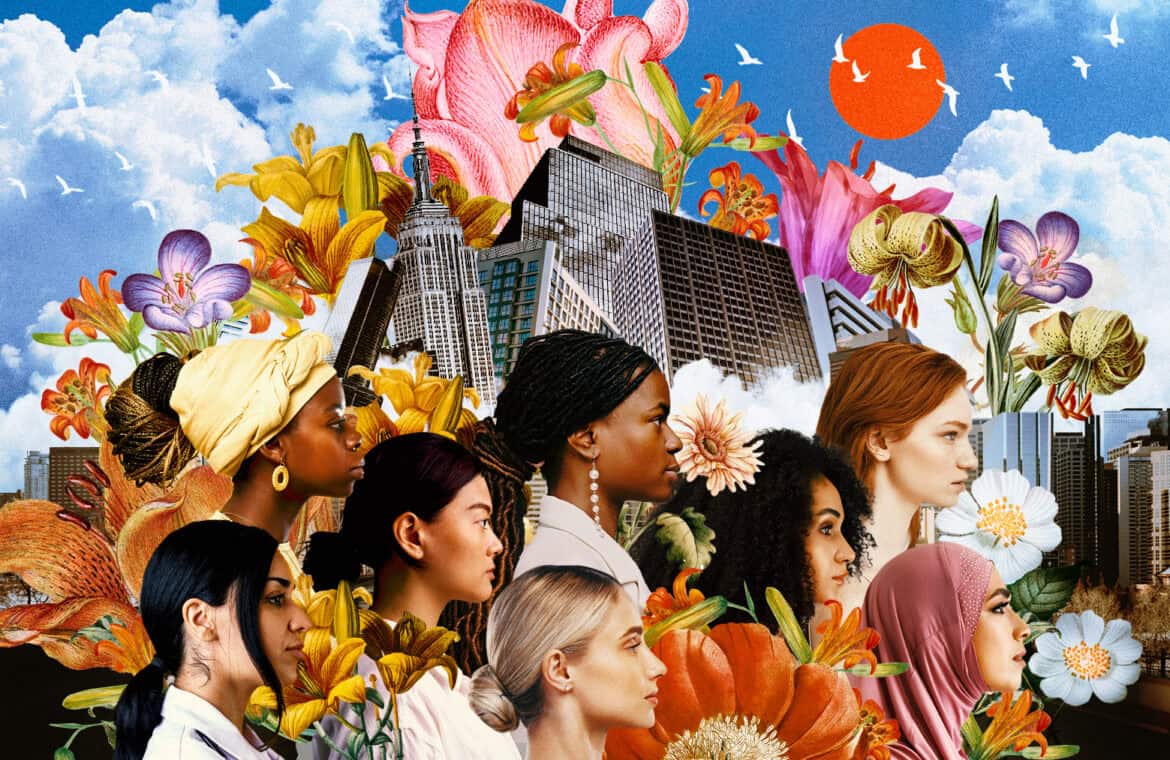An illustration/collage that shows a diverse group of women against a backdrop of city buildings and blooming flowers.