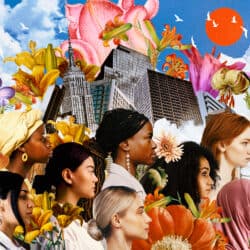 An illustration/collage that shows a diverse group of women against a backdrop of city buildings and blooming flowers.
