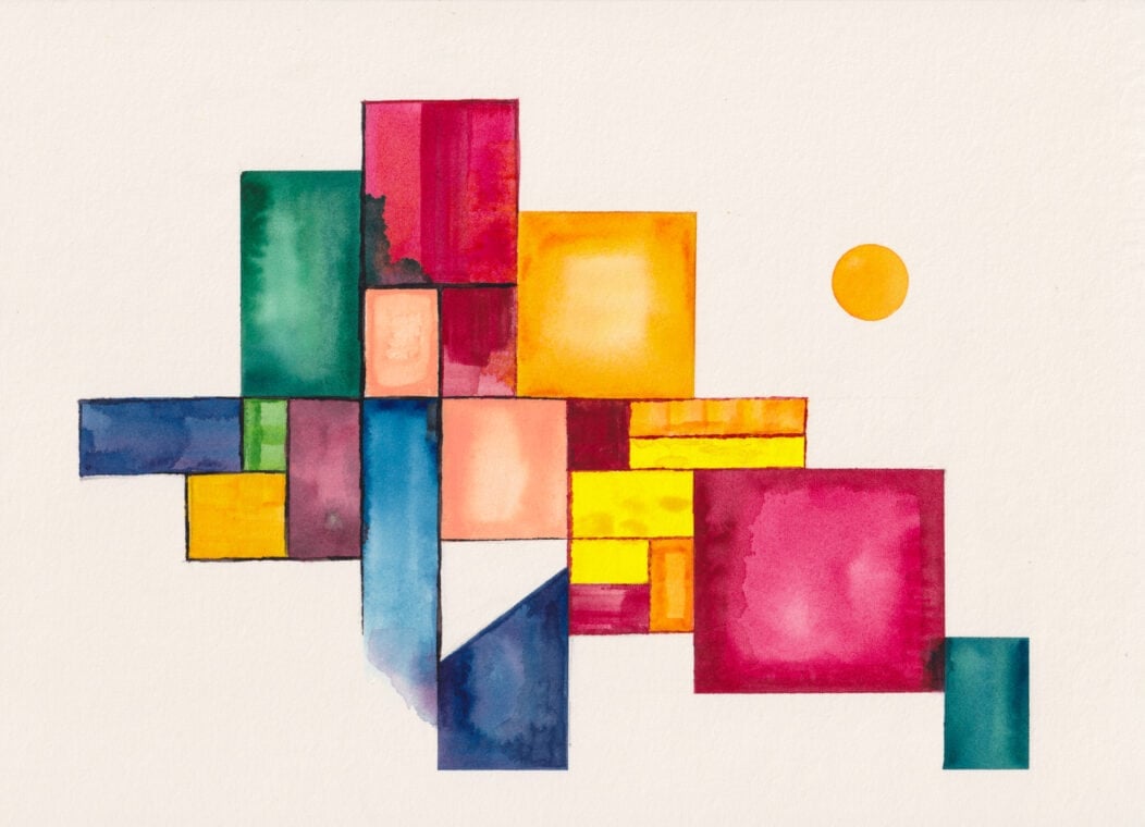 Illustration features overlapping geometric rectangles and squares in bold hues of pink, teal, yellow, orange, and blue. A small orange circle floats in the upper right corner.
