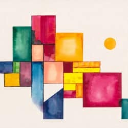 Illustration features overlapping geometric rectangles and squares in bold hues of pink, teal, yellow, orange, and blue. A small orange circle floats in the upper right corner.