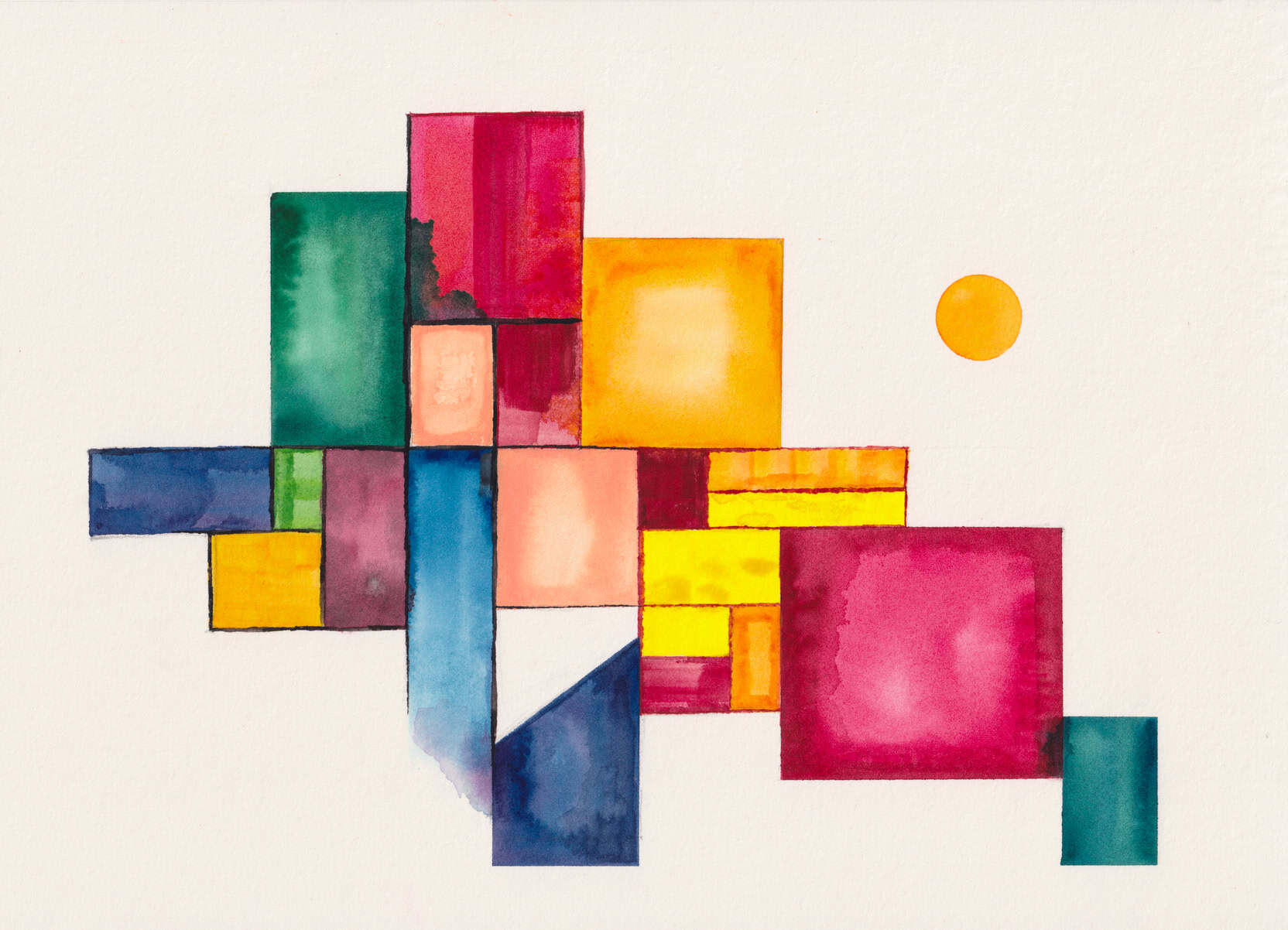 Illustration features overlapping geometric rectangles and squares in bold hues of pink, teal, yellow, orange, and blue. A small orange circle floats in the upper right corner.