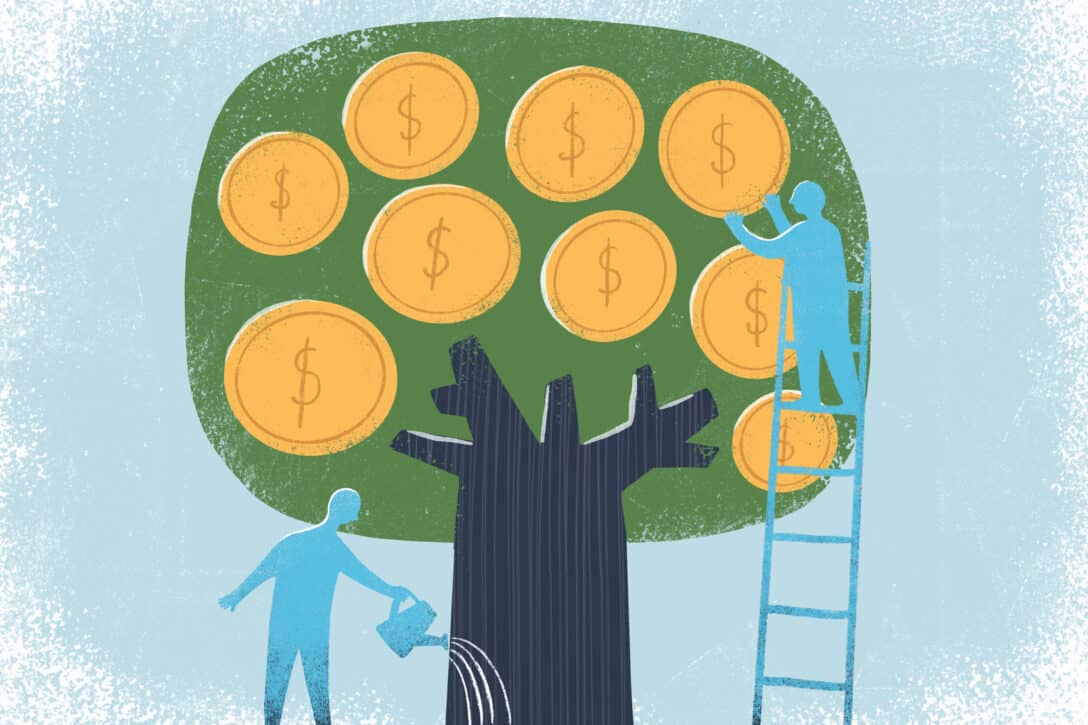 A conceptual illustration of a tree with money and people watering the tree, demonstrating the concept of financial planning and investment strategy.
