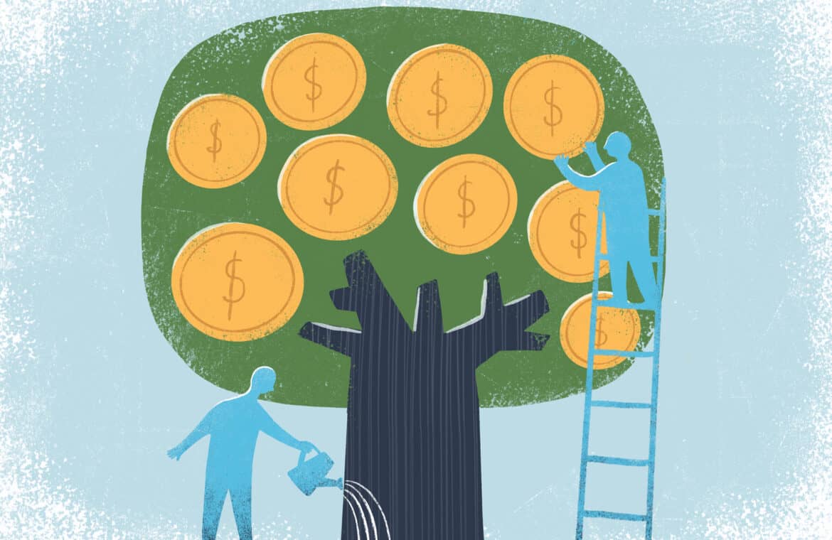 A conceptual illustration of a tree with money and people watering the tree, demonstrating the concept of financial planning and investment strategy.