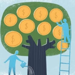 A conceptual illustration of a tree with money and people watering the tree, demonstrating the concept of financial planning and investment strategy.