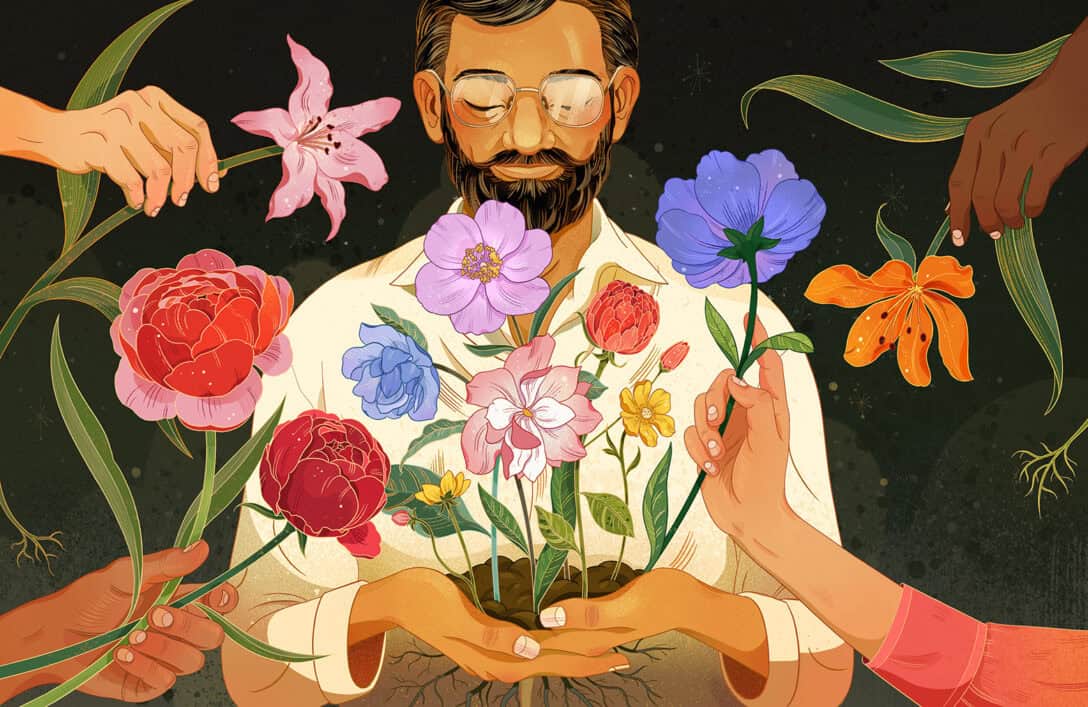 Illustration of a man holding earth with flowers growing from it, while multiple hands reach in with more flowers.
