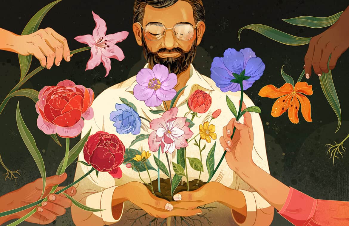 Illustration of a man holding earth with flowers growing from it, while multiple hands reach in with more flowers.