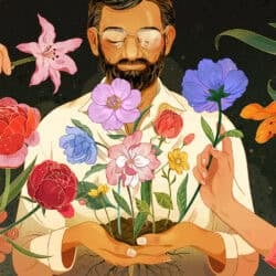 Illustration of a man holding earth with flowers growing from it, while multiple hands reach in with more flowers.
