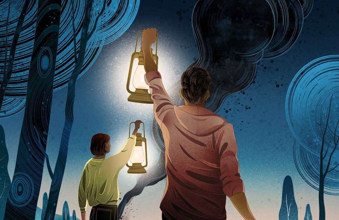 An illustration of two people in the woods holding lanterns aloft and looking at the night sky.