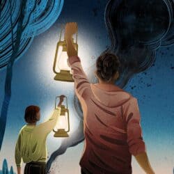 An illustration of two people in the woods holding lanterns aloft and looking at the night sky.