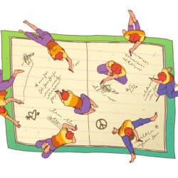 Illustration of multiple versions of the same person sitting and lying on an oversized journal and writing in it.