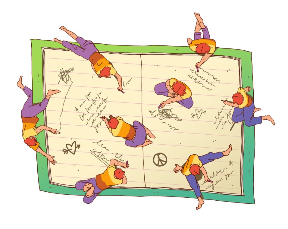 Illustration of multiple versions of the same person sitting and lying on an oversized journal and writing in it.