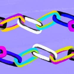 An illustration of a chain made of bright colourful links, demonstrating the concept of teamwork, collaboration, diversity, and strong connection between individuals working as one system.