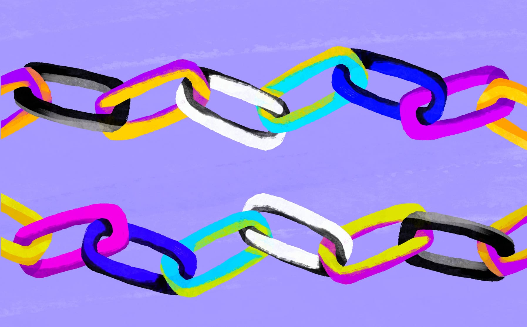 An illustration of a chain made of bright colourful links, demonstrating the concept of teamwork, collaboration, diversity, and strong connection between individuals working as one system.