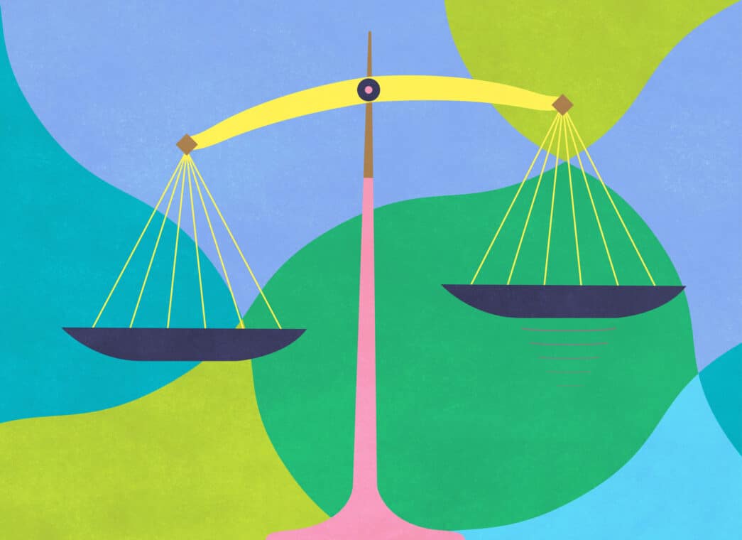An illustration showing the scales of justice on a colourful background.