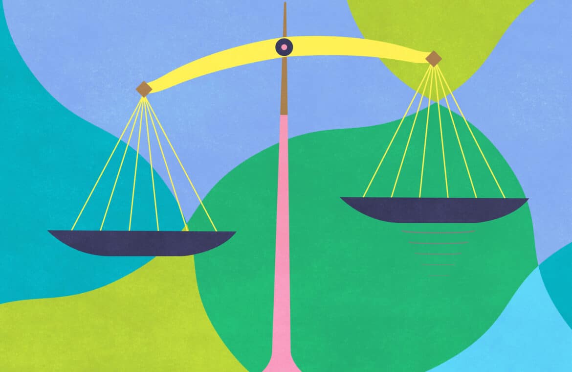 An illustration showing the scales of justice on a colourful background.
