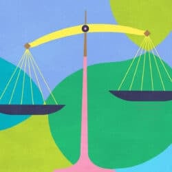 An illustration showing the scales of justice on a colourful background.