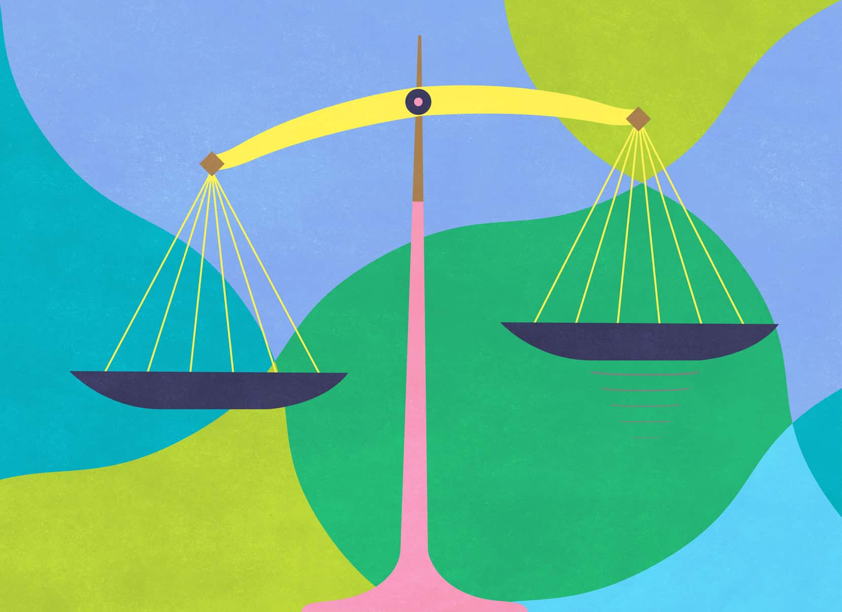 An illustration showing the scales of justice on a colourful background.