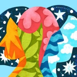 An illustration that shows silhouettes of human profiles filled with colours and patterns against a blue background.