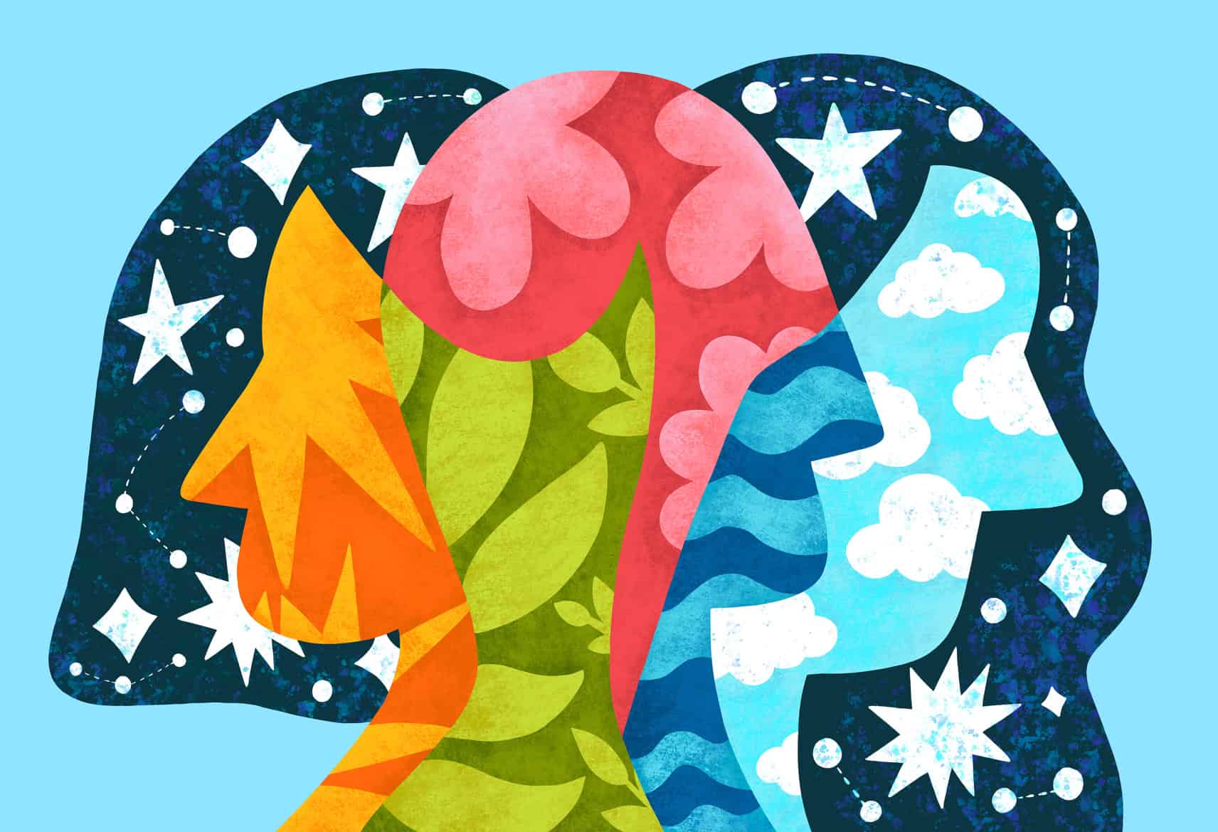 An illustration that shows silhouettes of human profiles filled with colours and patterns against a blue background.