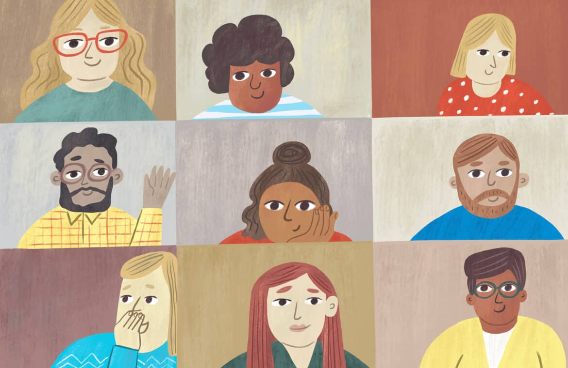 An illustration showing nine people in a virtual meeting grid.