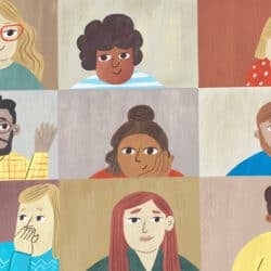 An illustration showing nine people in a virtual meeting grid.