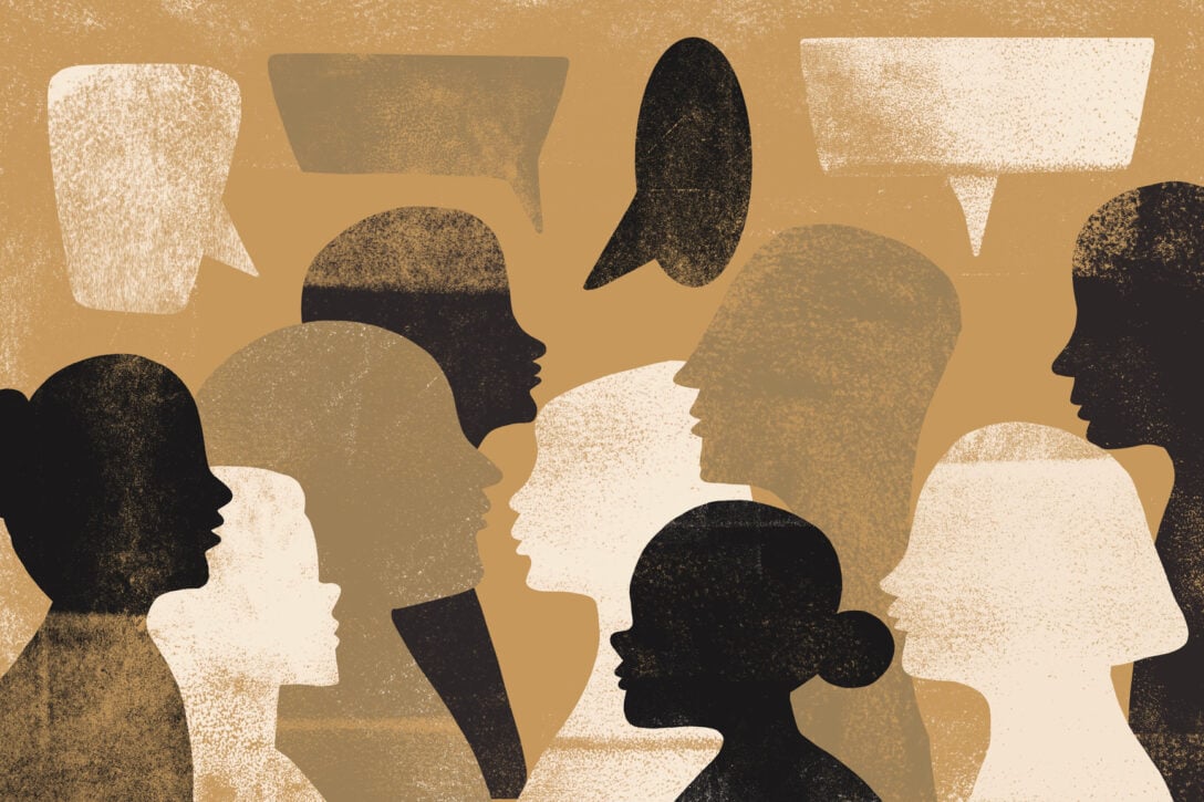 A conceptual illustration of diverse people with speech bubbles, demonstrating diversity, public speaking, communication, teamwork, and sharing ideas.
