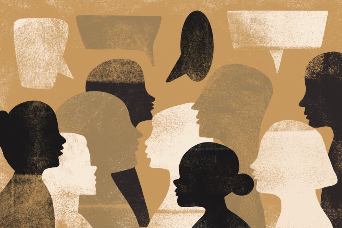 A conceptual illustration of diverse people with speech bubbles, demonstrating diversity, public speaking, communication, teamwork, and sharing ideas.
