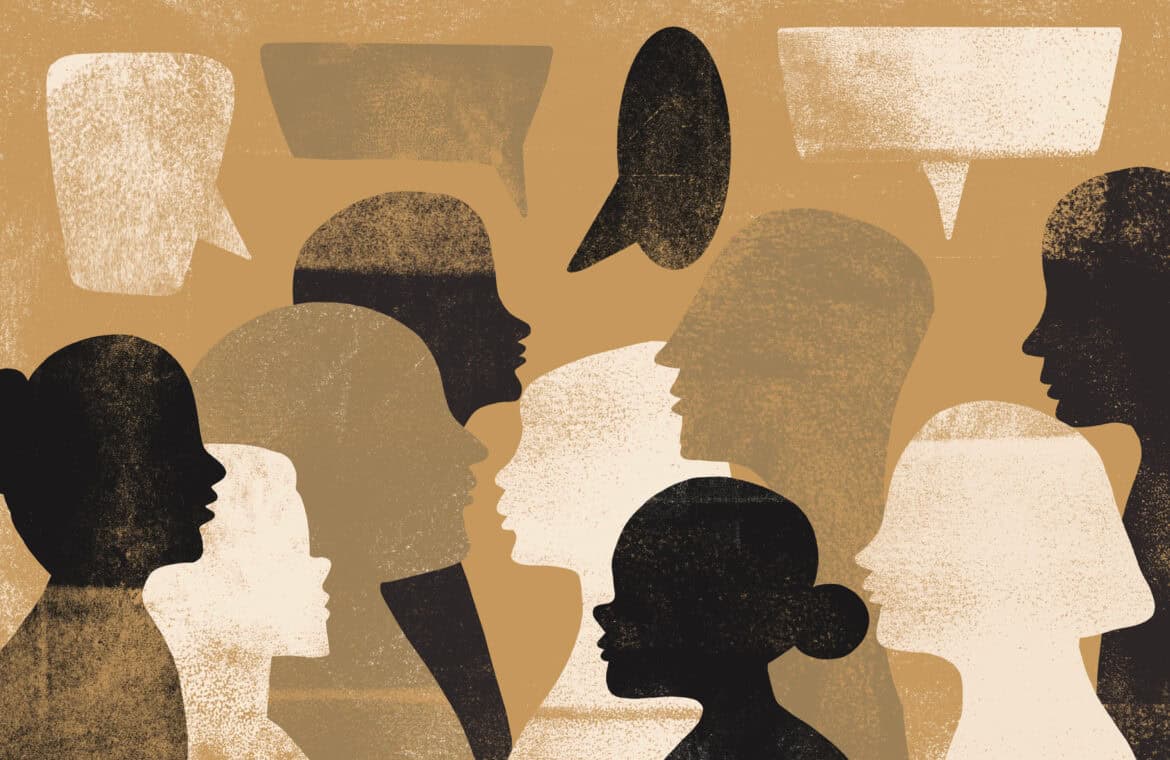 A conceptual illustration of diverse people with speech bubbles, demonstrating diversity, public speaking, communication, teamwork, and sharing ideas.