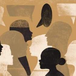 A conceptual illustration of diverse people with speech bubbles, demonstrating diversity, public speaking, communication, teamwork, and sharing ideas.