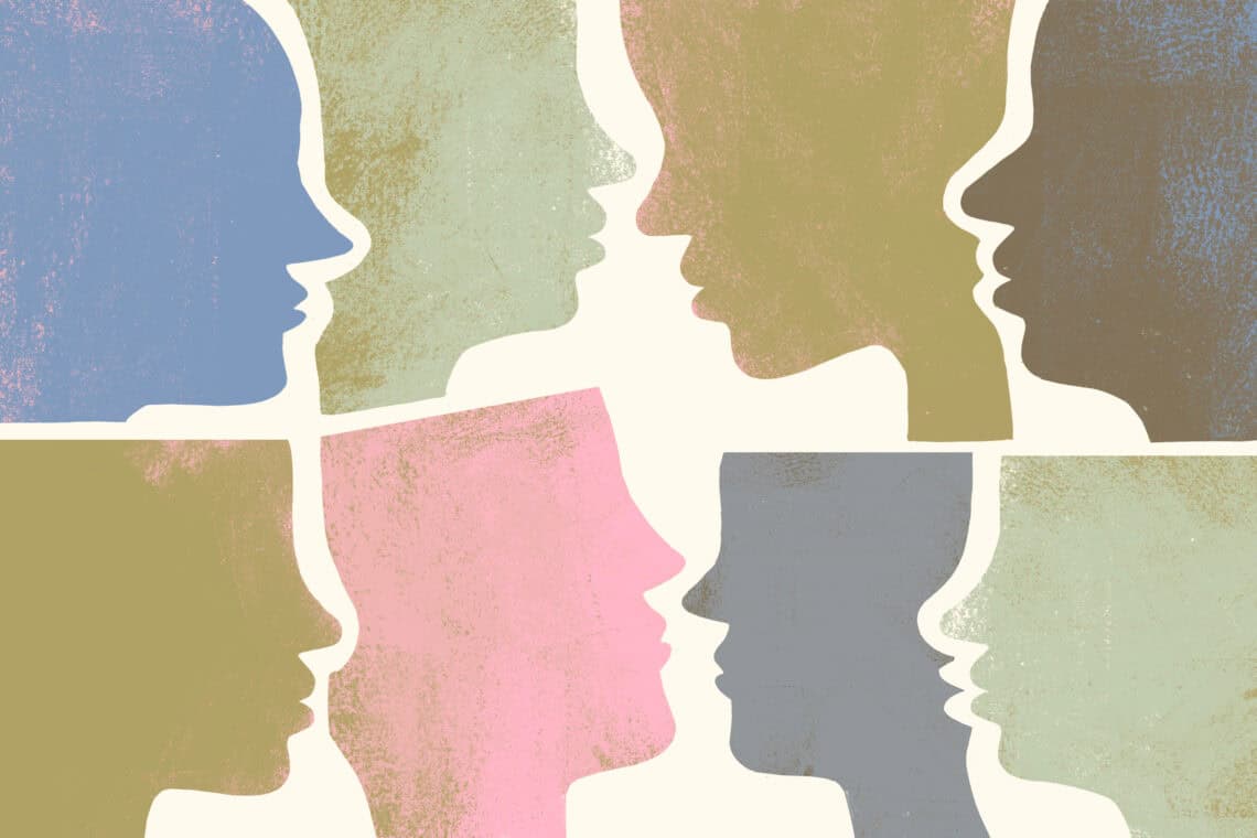 An illustration showing silhouettes of eight heads in pastel colours.