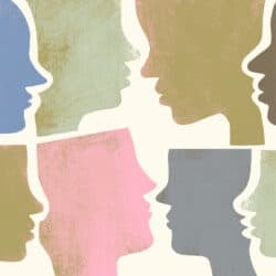 An illustration showing silhouettes of eight heads in pastel colours.
