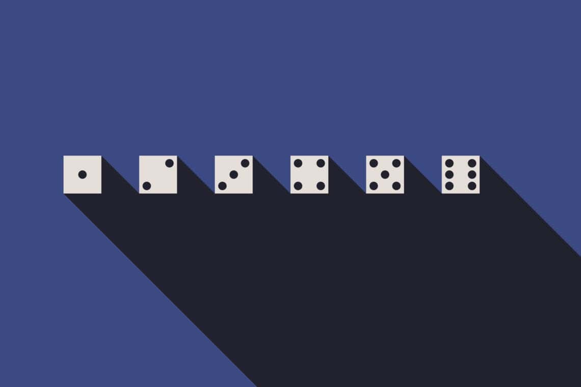 An illustration of six flying dice.