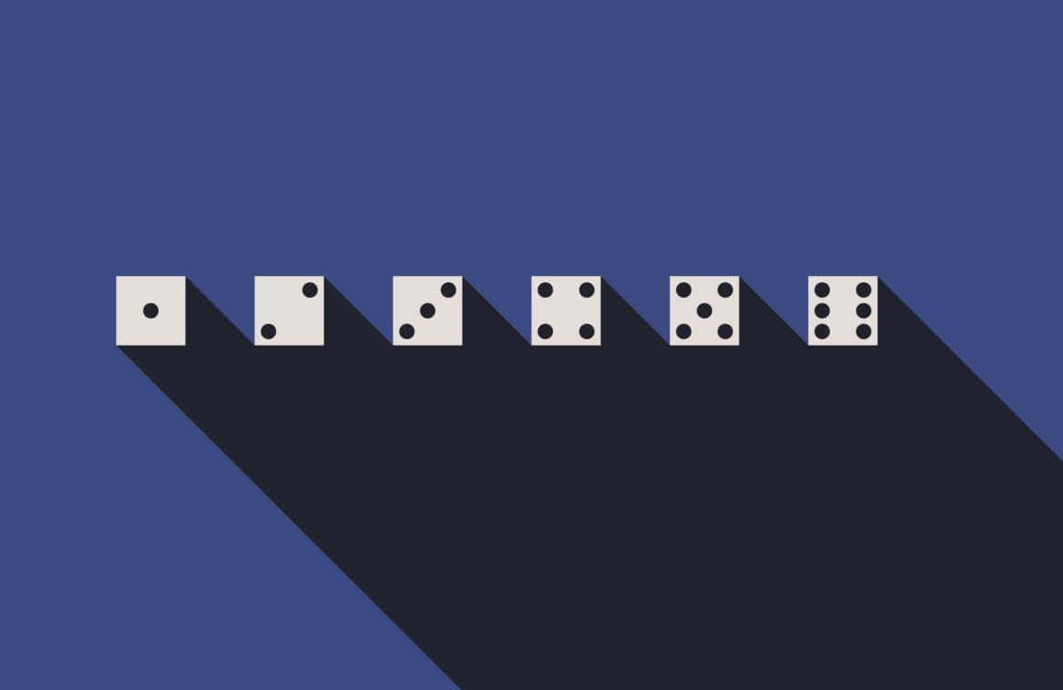 An illustration of six flying dice.