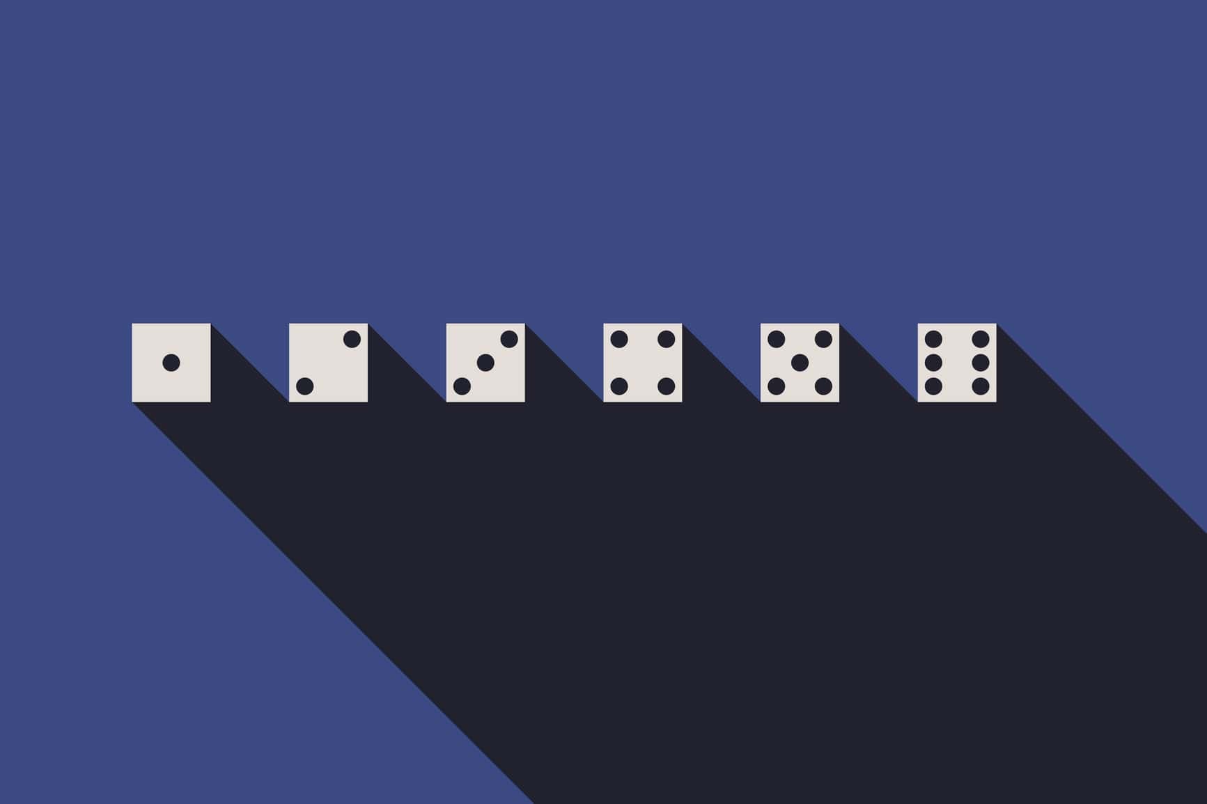 An illustration of six flying dice.
