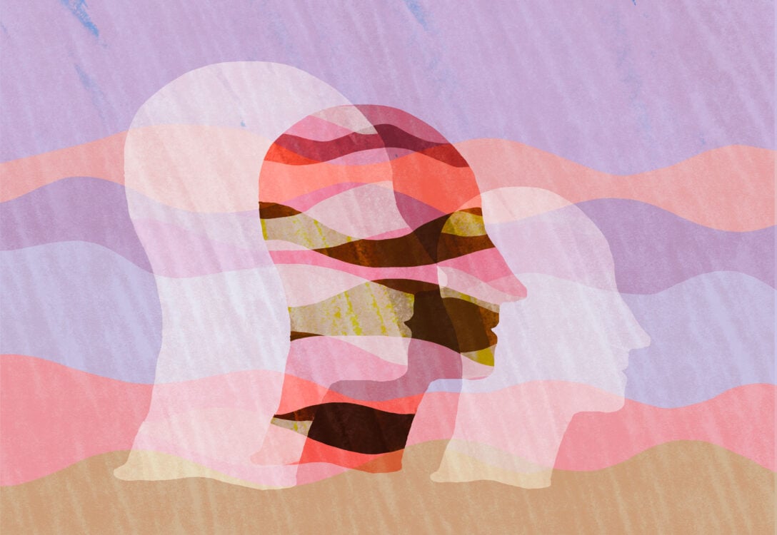 Illustration of an abstract profile head, between two other heads, formed by layered, wave-like shapes, exploring inner states, identity, and the complexity of thought.
