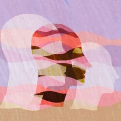 Illustration of an abstract profile head, between two other heads, formed by layered, wave-like shapes, exploring inner states, identity, and the complexity of thought.