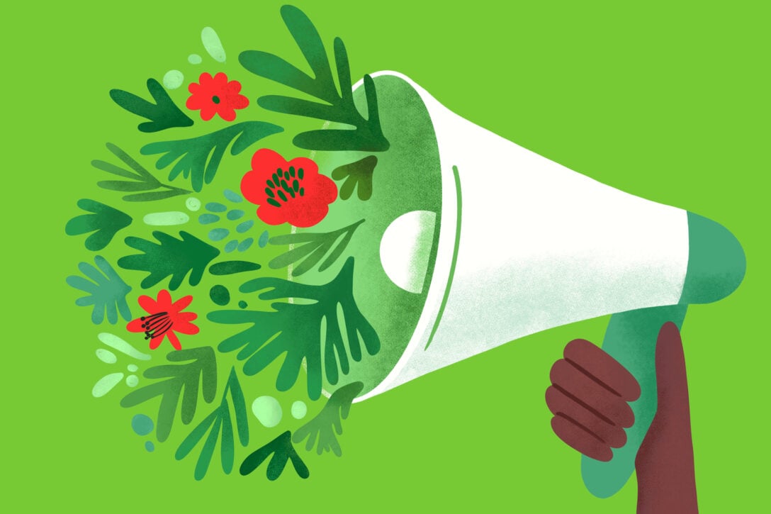 An illustration of a megaphone with flowers coming out of it, on a green background.