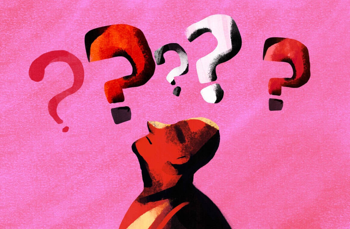 An illustration of a man with question marks floating above him.