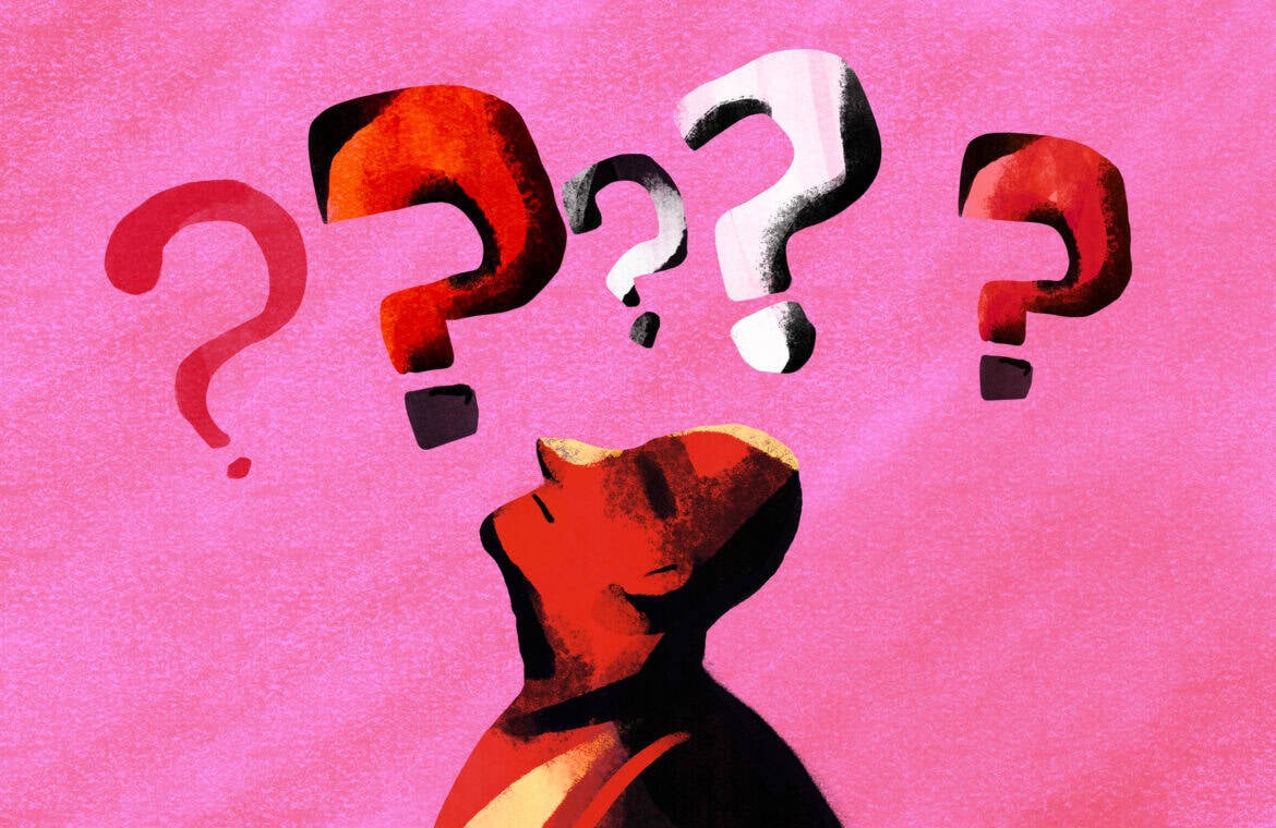 An illustration of a man with question marks floating above him.