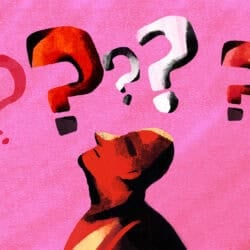 An illustration of a man with question marks floating above him.