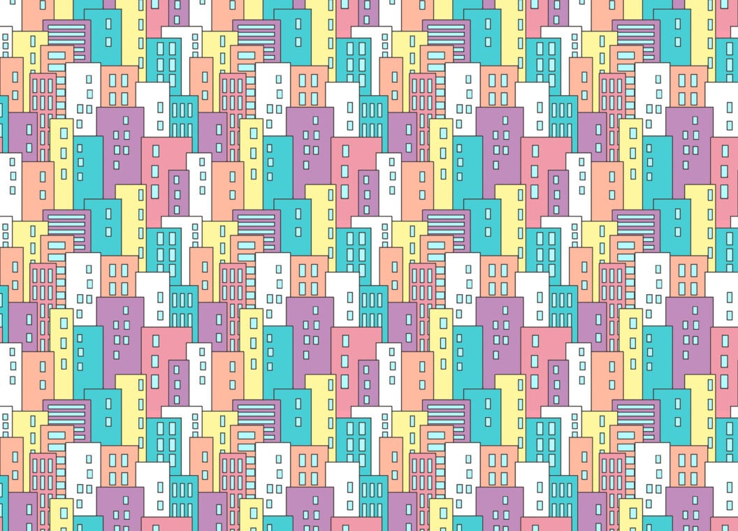 An illustration of a repeating cityscape pattern in bright pastel colours.