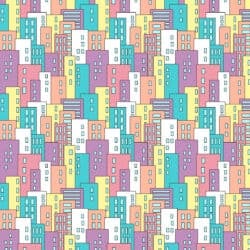 An illustration of a repeating cityscape pattern in bright pastel colours.