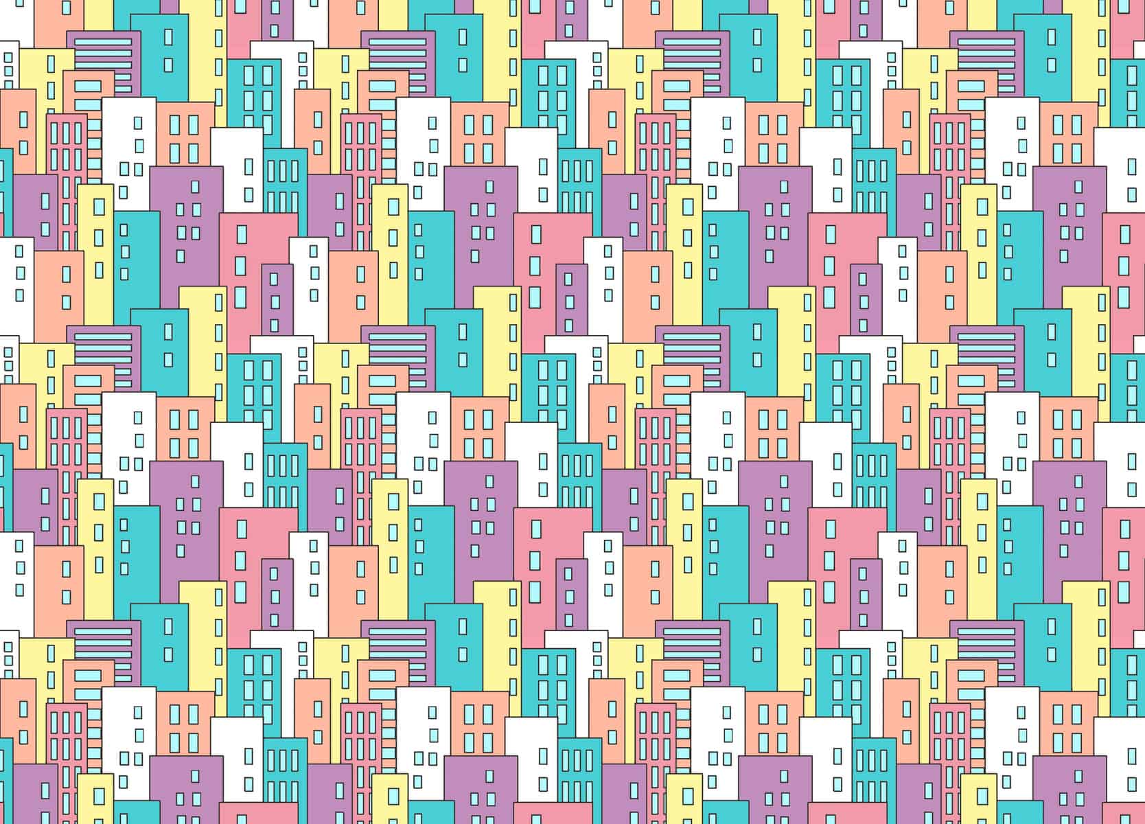 An illustration of a repeating cityscape pattern in bright pastel colours.