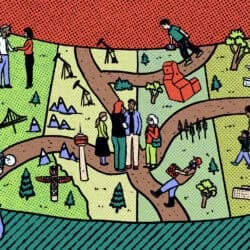 Illustration of the Western Canadian provinces with pathways between them, people, trees and buildings.
